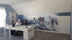 It’s your home office, so decorate it to inspire you. A fun wall mural like this in the background will serve as a great ice breaker. Get it? Ice breaker. Penguins. We just couldn’t help that pun from coming out. Mural by Magic Murals.