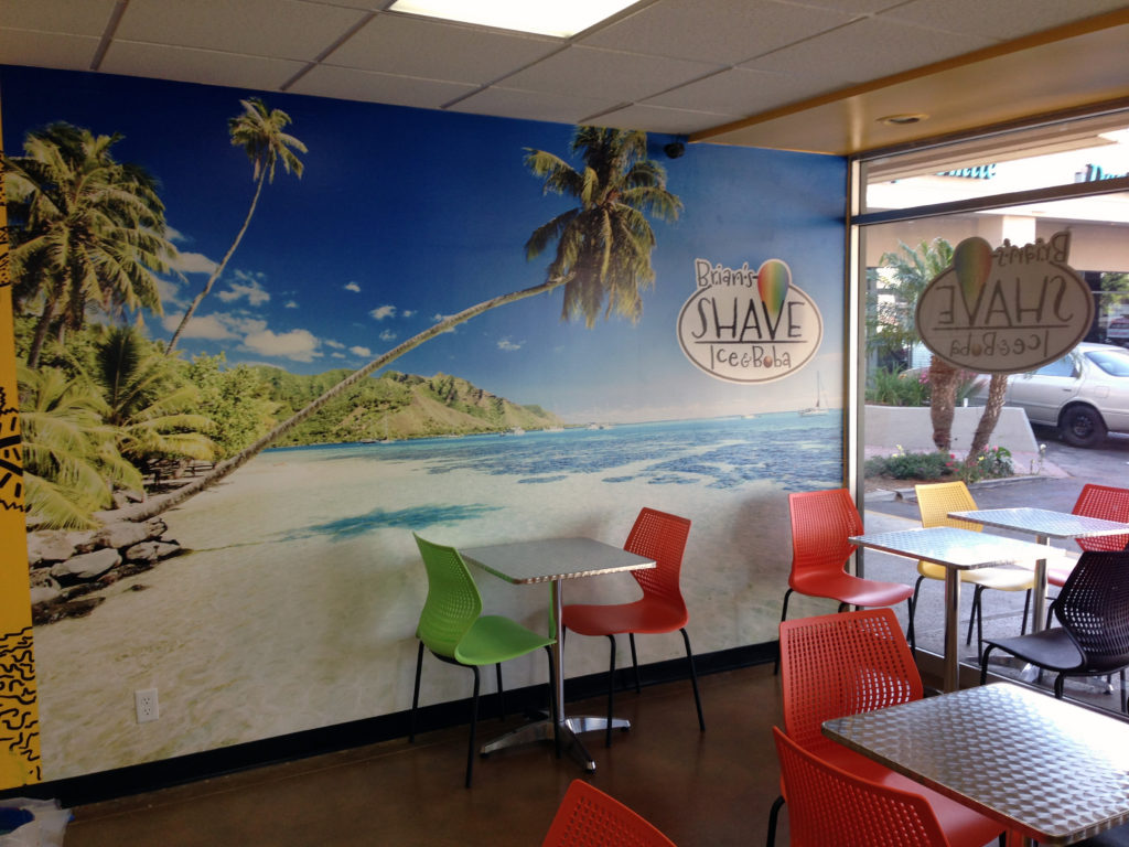 A tropical wall mural at Brian's Shave Ice in Northridge, California lets passers by know this is a fun establishment that cares about the customer experience.