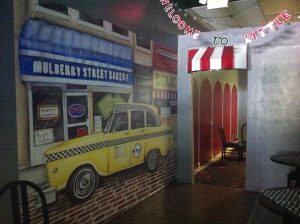 Magic Murals' "NYC Taxi" mural in the New York 2 Chicago Pizzeria in Kent, Ohio.