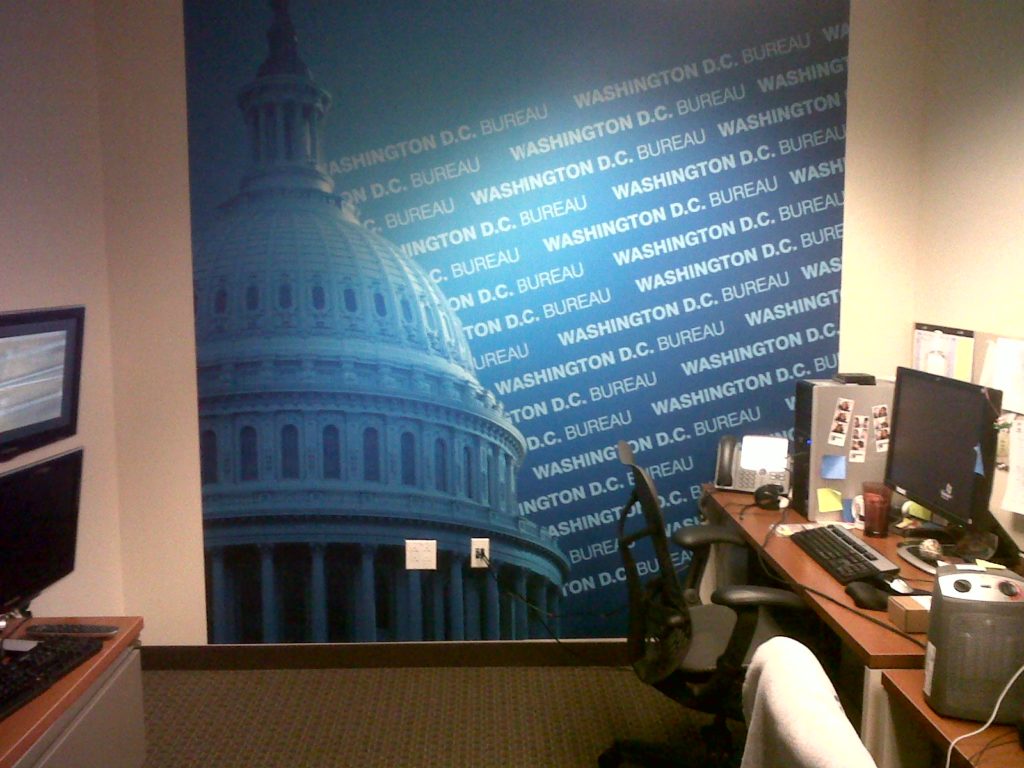 There’s always a great looking background at the offices of NY1 News in Washington, D.C. Mural by Magic Murals.