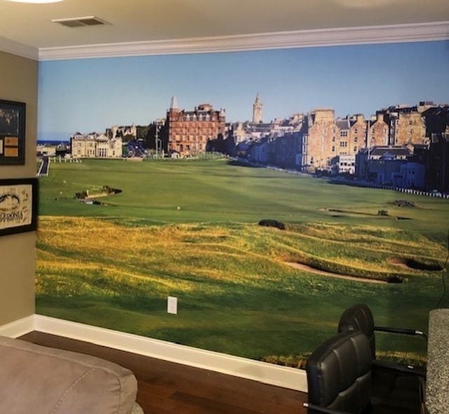 Golf course mural in a home office.