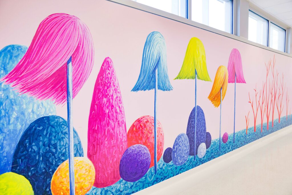 Wavy trees, pointed trees, and round trees in this colorful wall mural!