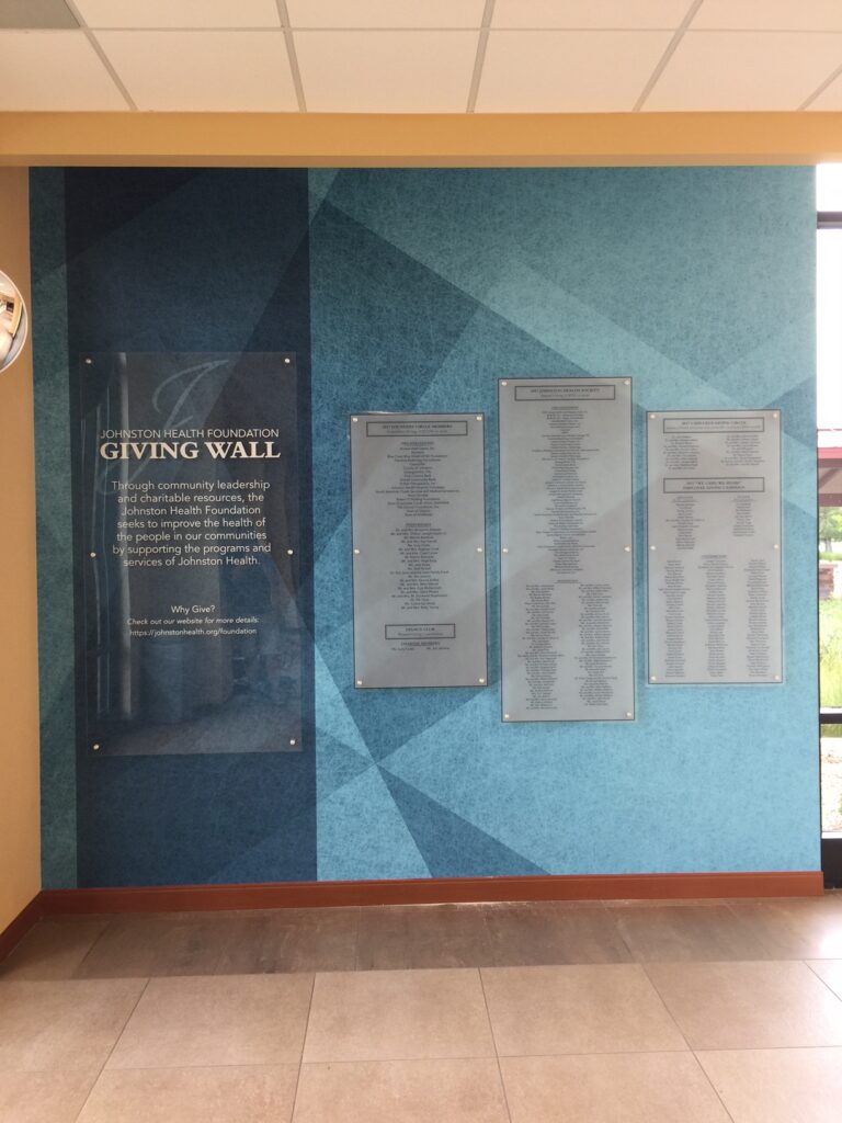 Johnston Health Foundation’s Giving Wall signage and artwork in Clayton, NC and Smithfield, NC created by Magic Murals.