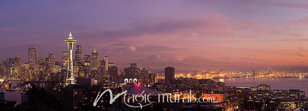 Seattle Cityscape at Night Panorama Mural by Magic Murals