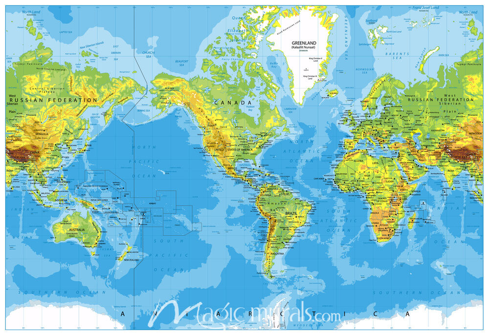 Americas-Centered Physical World Map with Dateline Magic Murals