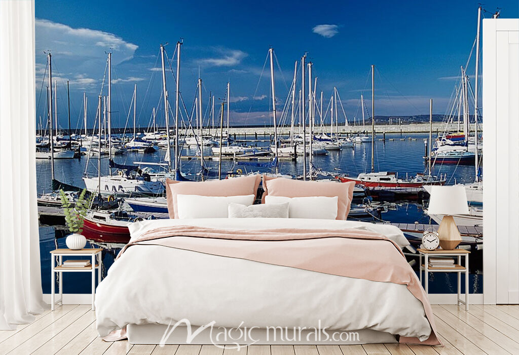 Sailboats Moored In Harbor Marina Mural By Magic Murals