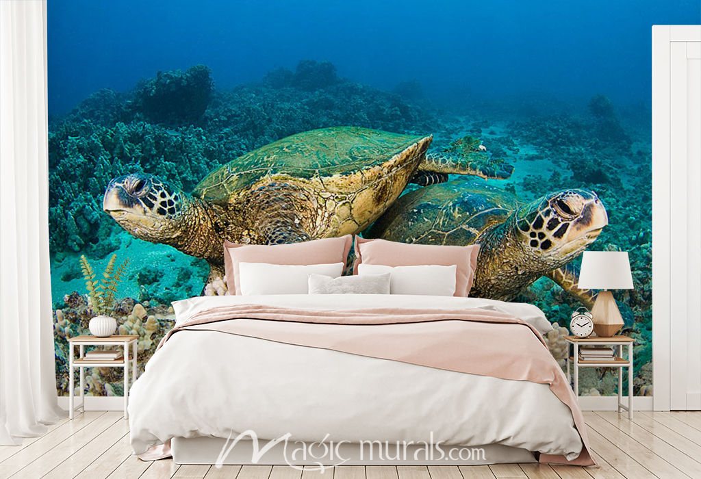 Green Sea Turtles Over Coral Reef Mural by Magic Murals