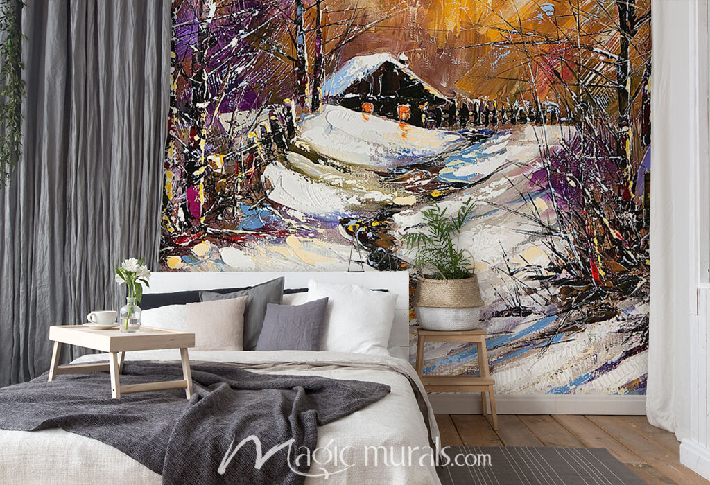 Snow Covered Log Cabin Wallpaper Mural by Magic Murals