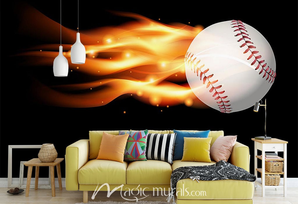 Flaming Baseball Wallpaper Wall Mural by Magic Murals