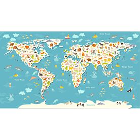 Kids World Map with Illustrated Animals Wallpaper Wall Mural