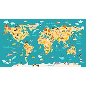 Kids Illustrated World Map with Animals Wallpaper Wall Mural