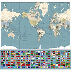 Americas-Centered Wold Map with World Flags Wallpaper Wall Mural