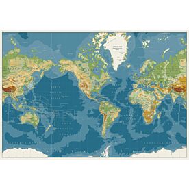 Americas-Centered Bathymetric World Map with Dateline Wallpaper Wall Mural