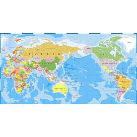 Colorful Pacific-Centered World Map Wallpaper Wall Mural