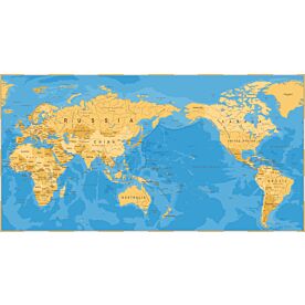 Pacific-Centered Political World Map in Beige and Blue Wallpaper Wall Mural