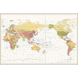 Retro-Colored Pacific-Centered World Map with Dateline Wallpaper Wall Mural