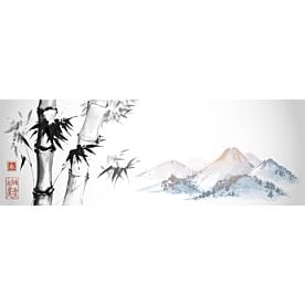 Asian Bamboo and Mountains Ink Wash Painting Wallpaper Wall Mural