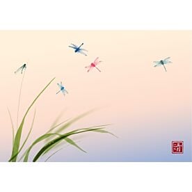 Asian Dragonflies and Grass Color Ink Wash Painting Wallpaper Wall Mural