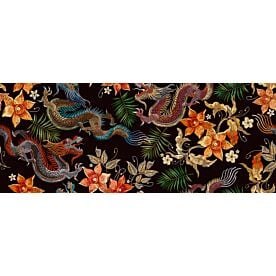 Embroidered Look Chinese Dragons and Flowers Wallpaper Wall Mural