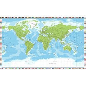 Green World Map with World Flag Border Wallpaper Wall Mural