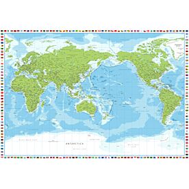 Green World Map with World Flag Border II Wallpaper Wall Mural