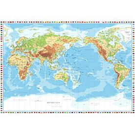 Pacific-Centered Physical World Map with Flag Border Wallpaper Wall Mural