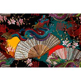 Japanese Embroidered Dragons and Fans Wallpaper Wall Mural