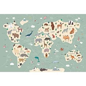 Large Animals Illustrated World Map for Kids Wallpaper Wall Mural