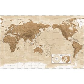 Pacific-Centered Physical World Map with Poles Illustrated Wallpaper Wall Mural