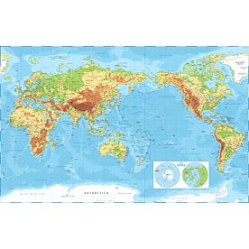 Pacific-Centered Physical World Map with Poles Illustrated II Wallpaper Wall Mural