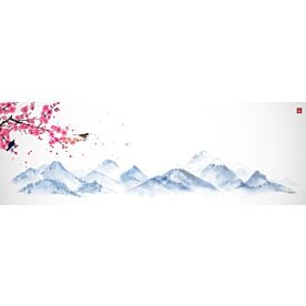 Cherry Blossoms and Mountains Ink Wash 5600 Wallpaper Wall Mural