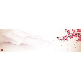 Sakura Branch and Bird Ink Wash Painting 0182 Wallpaper Wall Mural