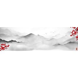 Mountains and Sakura Ink Wash Painting 0303 Wallpaper Wall Mural