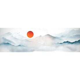 Mountains w Red Sun Ink Wash Painting 0326 Wallpaper Wall Mural