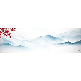 Sakura Blossoms and Mountains Ink Wash Painting 0348 Wallpaper Wall Mural