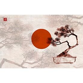 Bonsai and Red Sun Ink Wash Painting 1803 Wallpaper Wall Mural