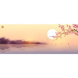 Coastal Landscape w Sakura Blossom Ink Wash 7234 Wallpaper Wall Mural