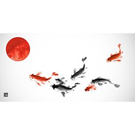 Koi Carp and Sun Ink Wash Painting 8979 Wallpaper Wall Mural