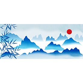 Blue Mountains Red Sun Ink Wash 4941 Wallpaper Wall Mural