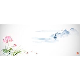 Landscape w Lotus Flower Ink Wash 7064 Wallpaper Wall Mural