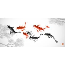 Koi Carp and Pine Ink Wash Painting 7119 Wallpaper Wall Mural