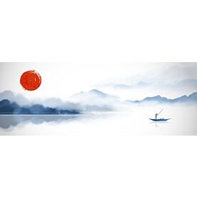 Fisherman and Red Sun Ink Wash 6667 Wallpaper Wall Mural