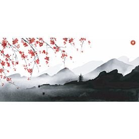 Sakura Blossoms and Pagoda Ink Wash 6959 Wallpaper Wall Mural