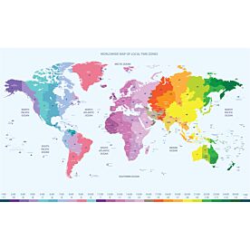 Multi-Colored Time-Zone Marked World Map Wallpaper Wall Mural