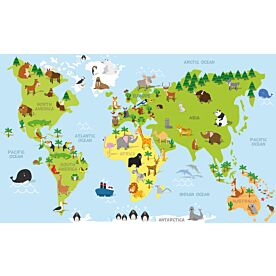 Kids World Map with Cartoon Animals Wallpaper Wall Mural