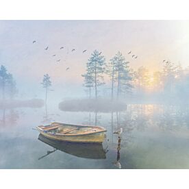 Lonely Lake Morning Rowboat Wallpaper Wall Mural