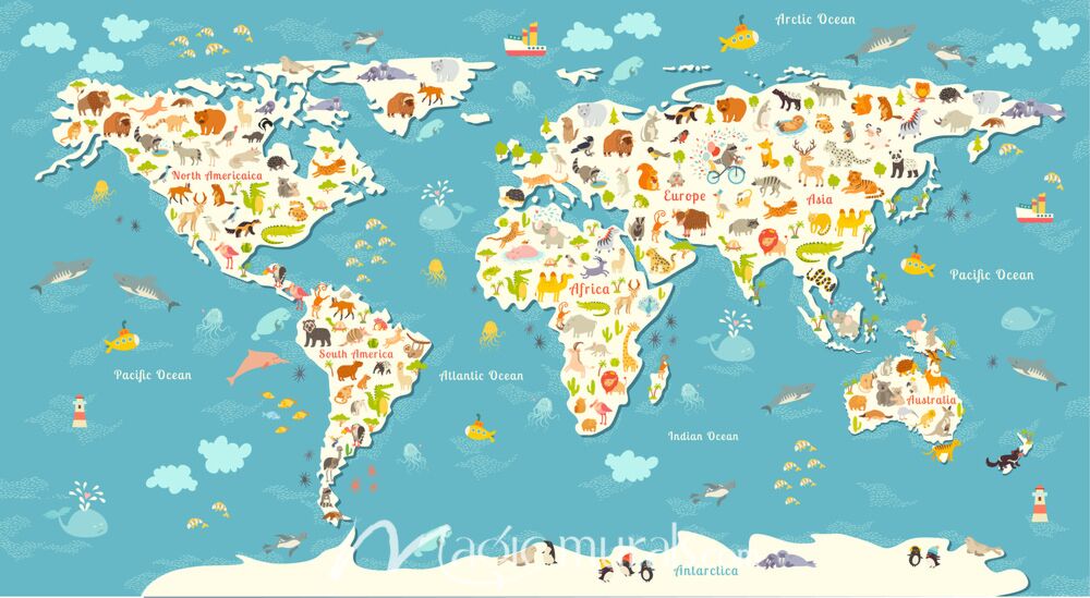 Kids World Map with Illustrated Animals Wallpaper Wall Mural