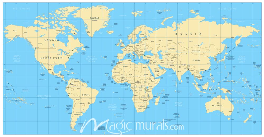 Africa-Centered World Map in Beige and Blue Wallpaper Wall Mural