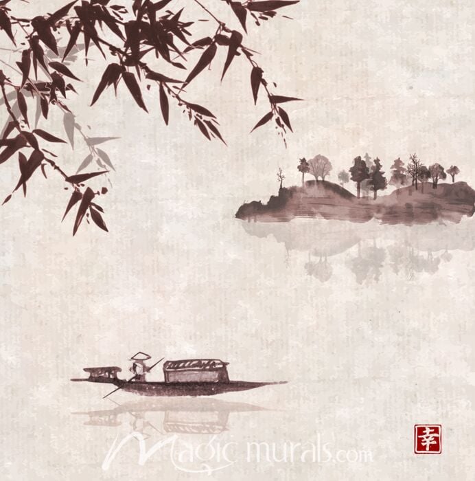 Asian Boat Ink Wash Painting 3045 Wallpaper Wall Mural