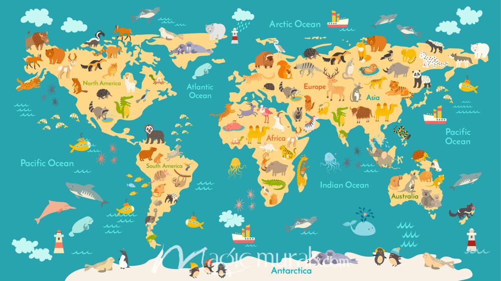 Kids Illustrated World Map with Animals Wallpaper Wall Mural